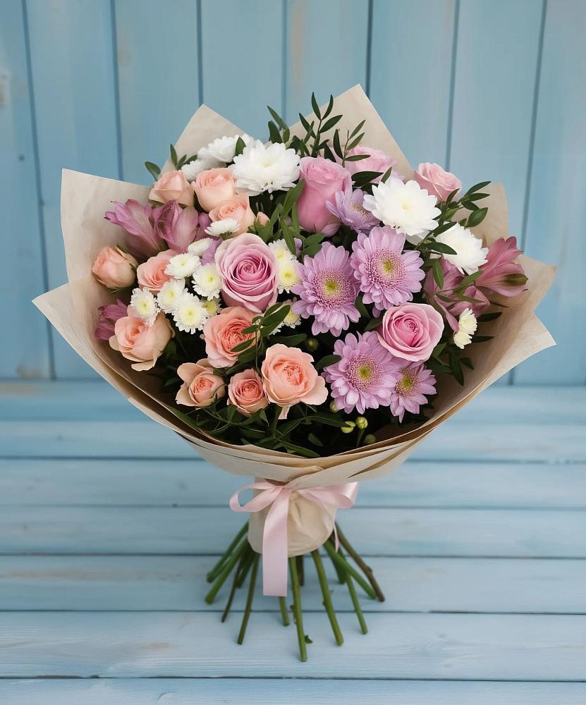 Букет цветов из: Хризантемы, Розы и Альстромерии в Будённовской