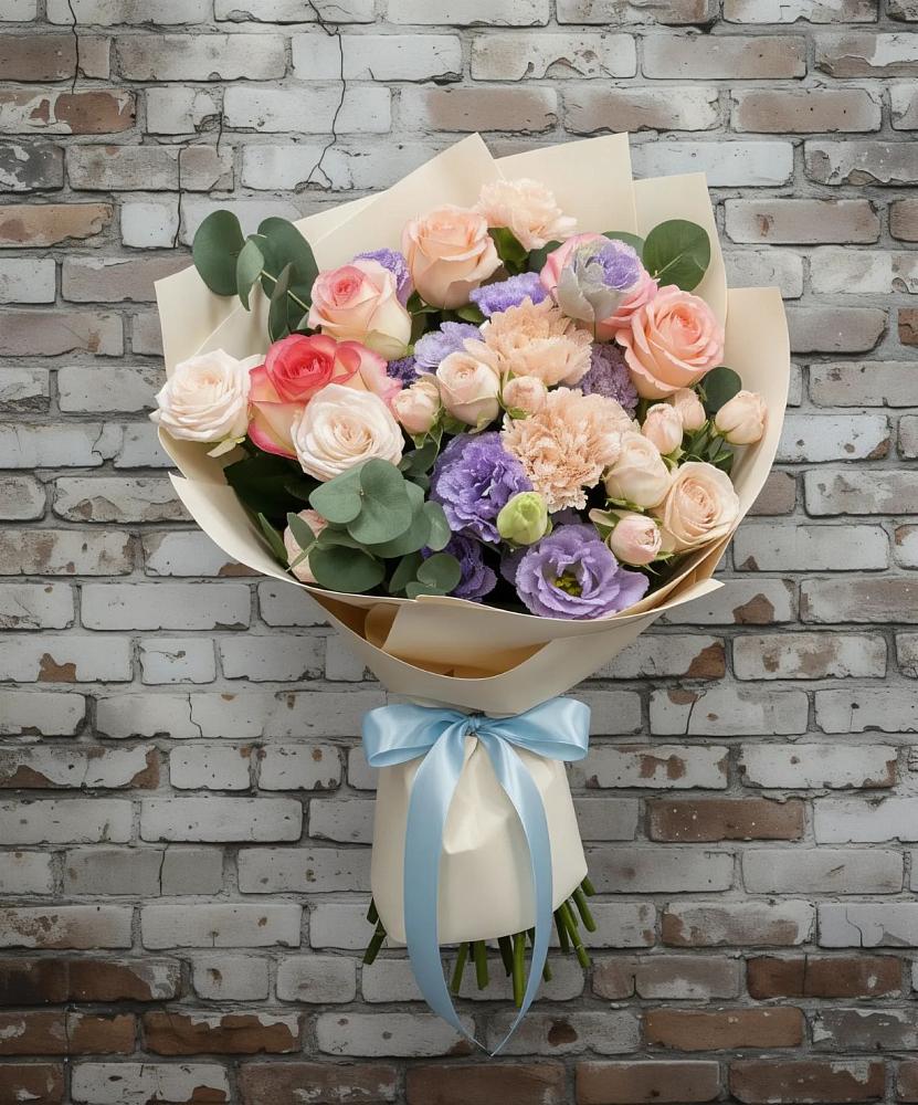 Букет цветов из: Розы, Лизиантусы и Гвоздики в Будённовской