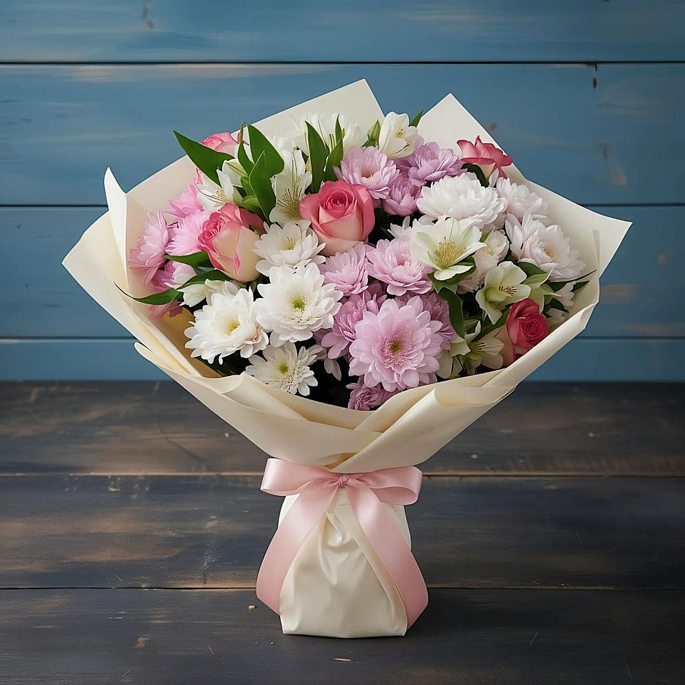 Букет цветов из: Хризантемы, Альстромерии и Розы в Будённовской